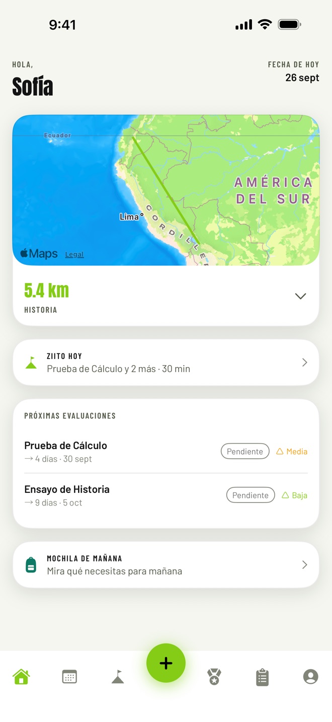 Inicio con el mapa del último recorrido y las próximas evaluaciones