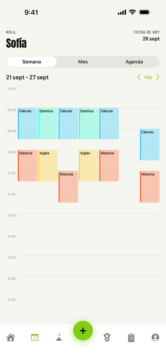Calendario semanal con clases de colores