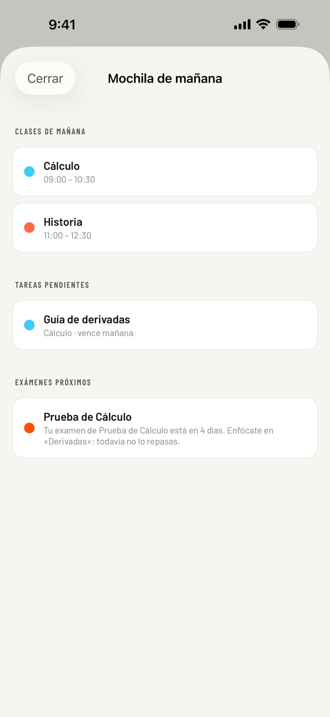 Mochila de mañana con clases, tareas y exámenes