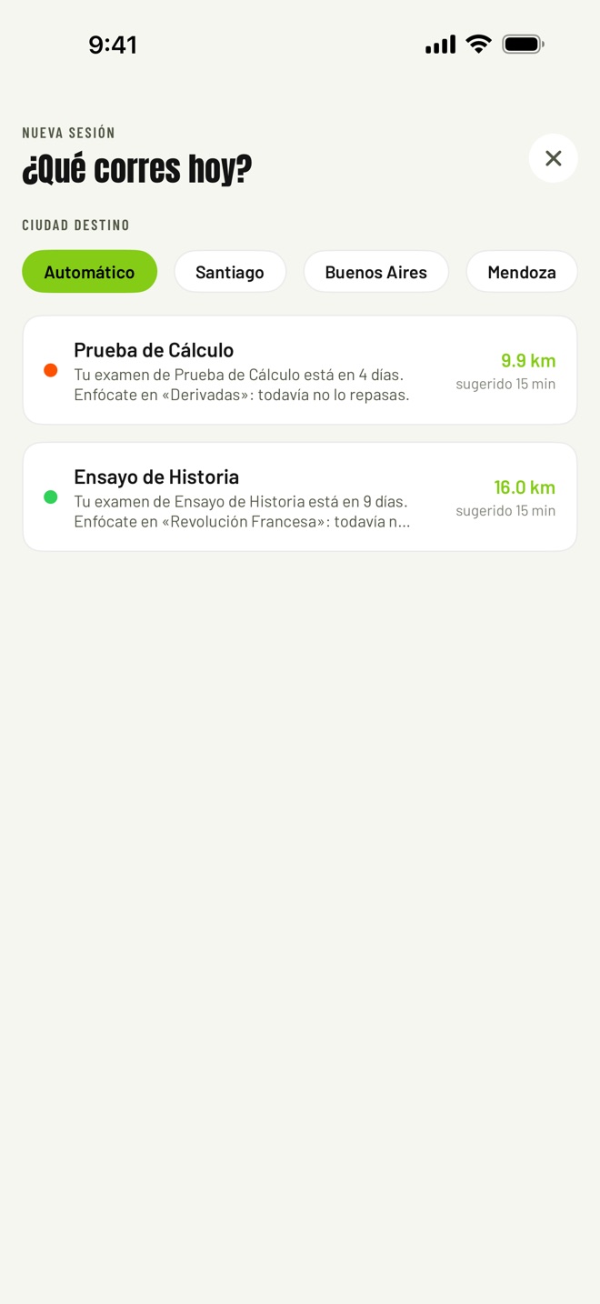 Nueva sesión: qué corres hoy y ciudad destino